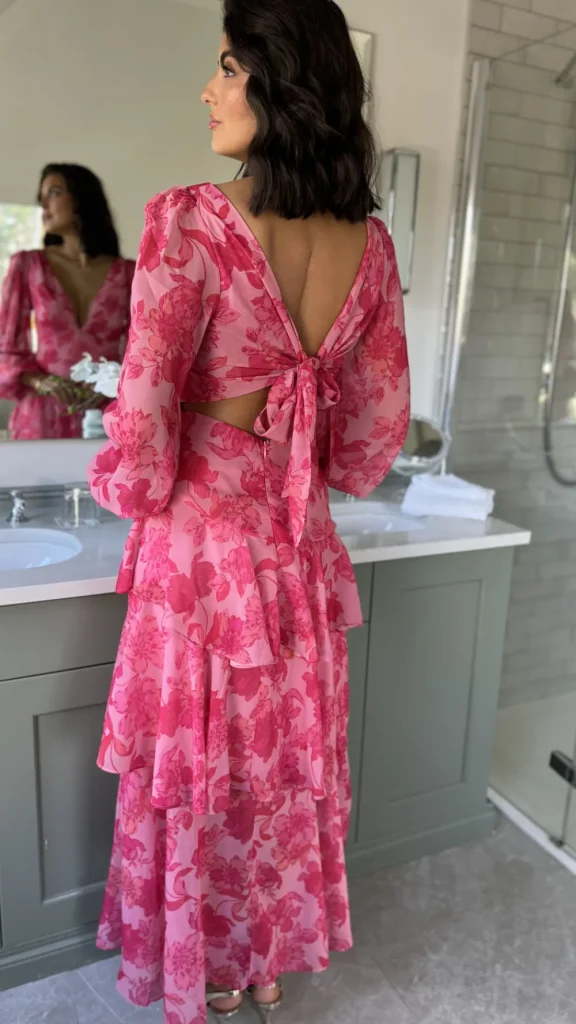 CANDICE FAIRE Going Out Dresses | Occasion Dresses^Mariah Pink Floral Tie Back Long Sleeve Tiered Maxi Dress