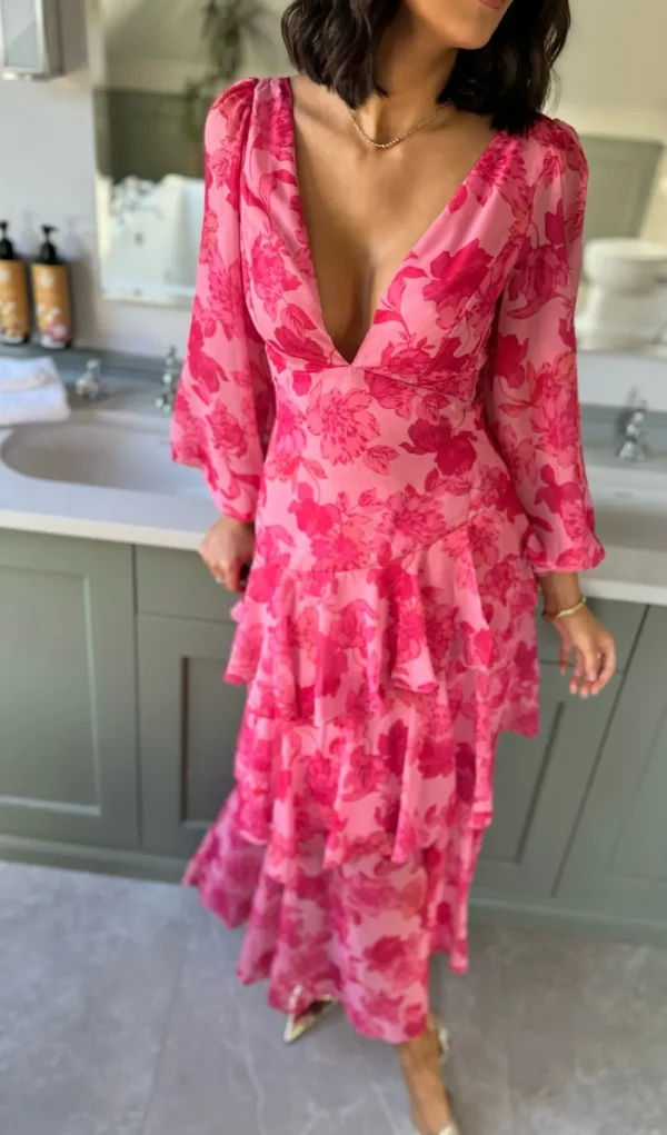 CANDICE FAIRE Going Out Dresses | Occasion Dresses^Mariah Pink Floral Tie Back Long Sleeve Tiered Maxi Dress