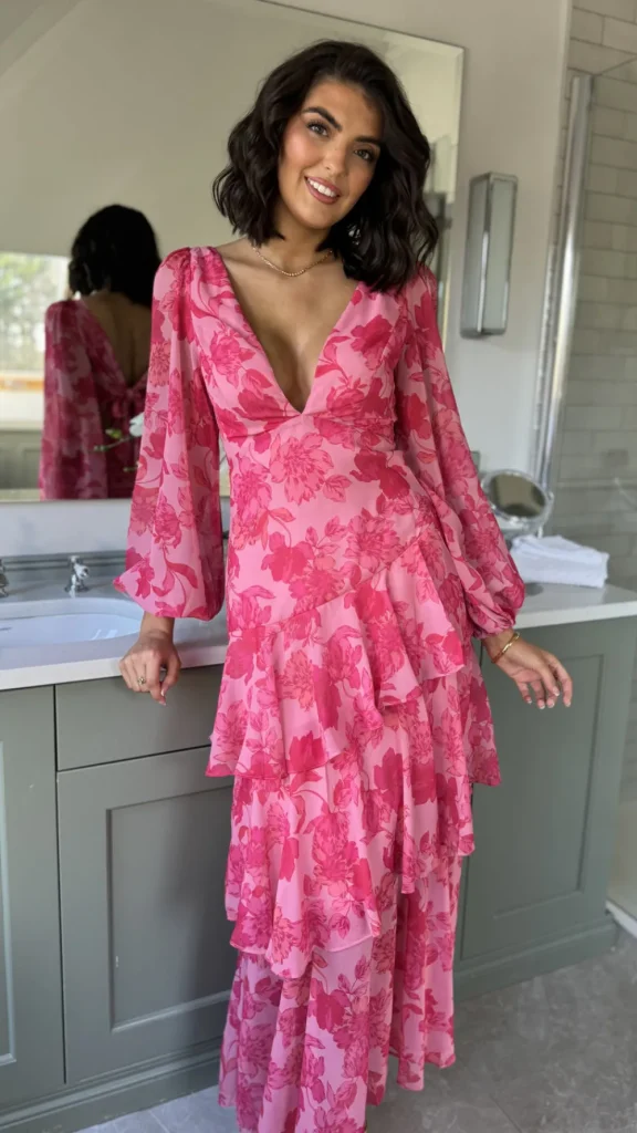 CANDICE FAIRE Going Out Dresses | Occasion Dresses^Mariah Pink Floral Tie Back Long Sleeve Tiered Maxi Dress