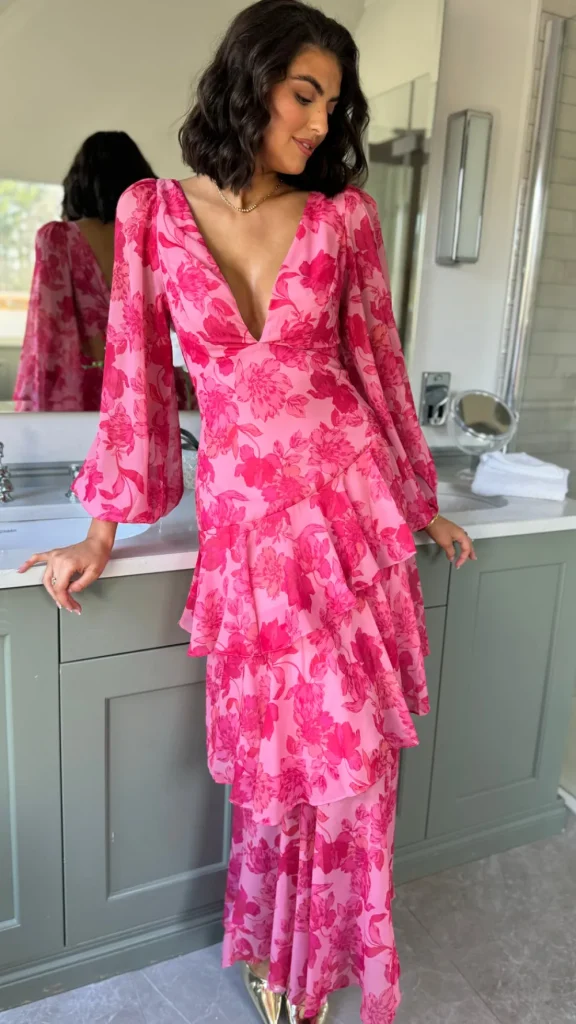 CANDICE FAIRE Going Out Dresses | Occasion Dresses^Mariah Pink Floral Tie Back Long Sleeve Tiered Maxi Dress