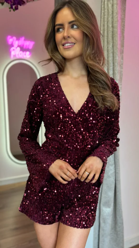 LUCCE Jumpsuits + Playsuits^Mariama Burgundy Sequin Playsuit