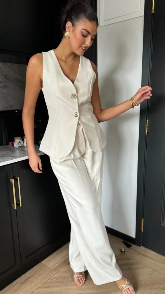 COPPEROSE Trousers | Co-ords^Mariana Beige Straight Leg Trousers & Waistcoat Co Ord