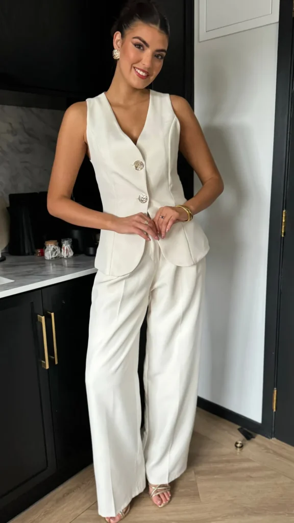 COPPEROSE Trousers | Co-ords^Mariana Beige Straight Leg Trousers & Waistcoat Co Ord