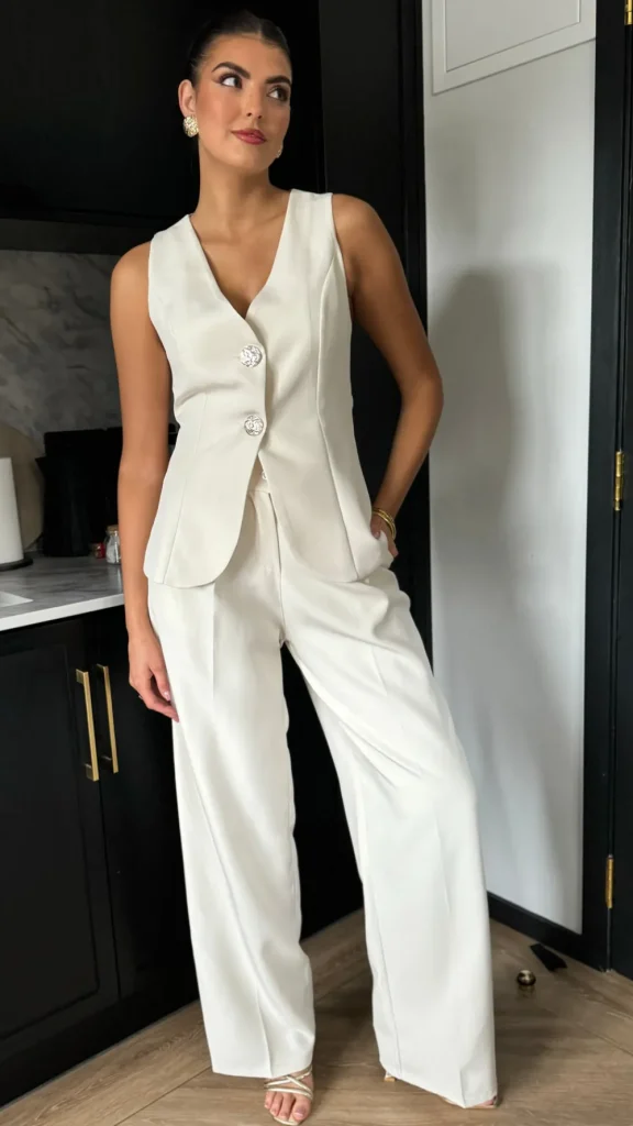 COPPEROSE Trousers | Co-ords^Mariana Beige Straight Leg Trousers & Waistcoat Co Ord