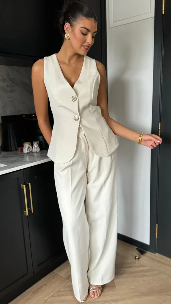 COPPEROSE Trousers | Co-ords^Mariana Beige Straight Leg Trousers & Waistcoat Co Ord