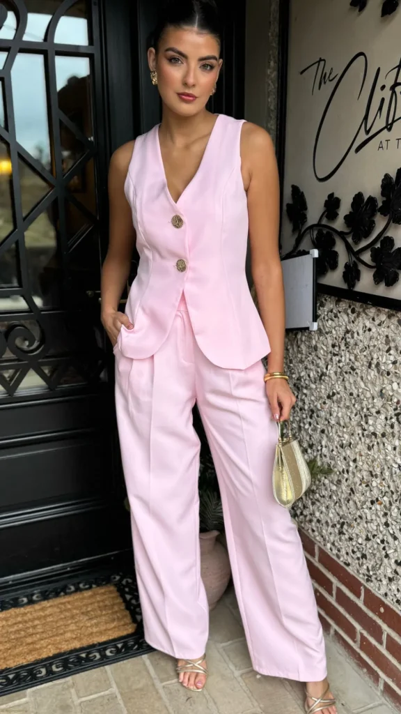 COPPEROSE Trousers | Co-ords^Mariana Pink Straight Leg Trousers & Waistcoat Co Ord