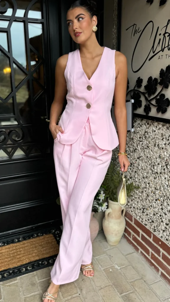 COPPEROSE Trousers | Co-ords^Mariana Pink Straight Leg Trousers & Waistcoat Co Ord