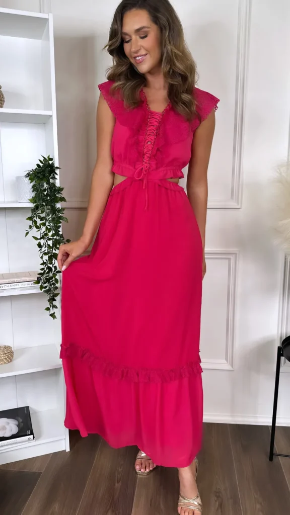 FLAM MODE Going Out Dresses | Occasion Dresses^Marietta Fuchsia Frill Detail Cut Out Midaxi Dress