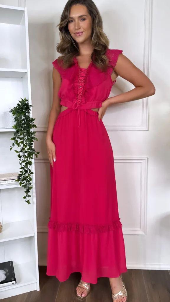 FLAM MODE Going Out Dresses | Occasion Dresses^Marietta Fuchsia Frill Detail Cut Out Midaxi Dress