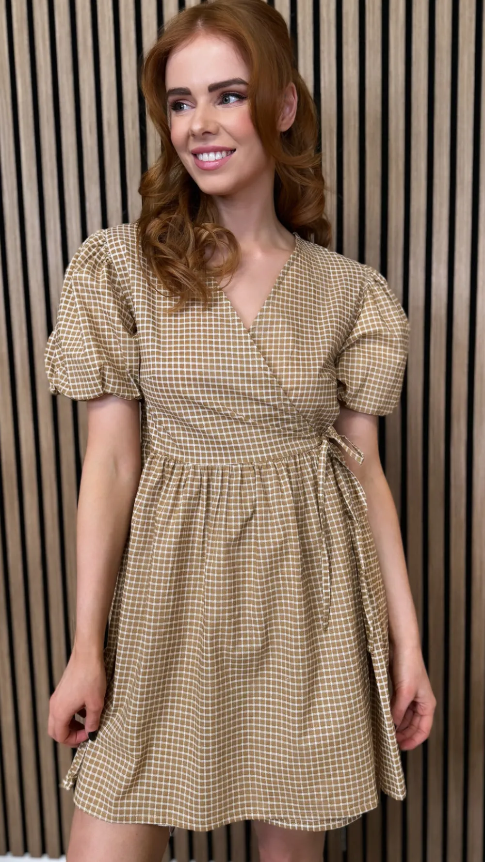 martha_taupe_checked_wrap_1.webp INFLUENCE Going Out Dresses | Occasion Dresses^Martha Taupe Checked Wrap Puff Sleeve Tie Detail Mini Dress