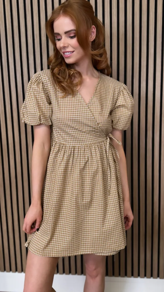 INFLUENCE Going Out Dresses | Occasion Dresses^Martha Taupe Checked Wrap Puff Sleeve Tie Detail Mini Dress
