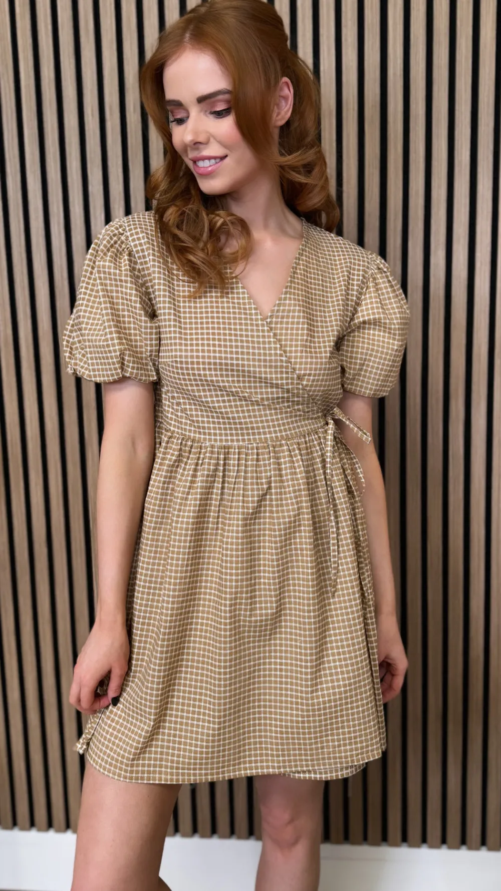 martha_taupe_checked_wrap_3.webp INFLUENCE Going Out Dresses | Occasion Dresses^Martha Taupe Checked Wrap Puff Sleeve Tie Detail Mini Dress
