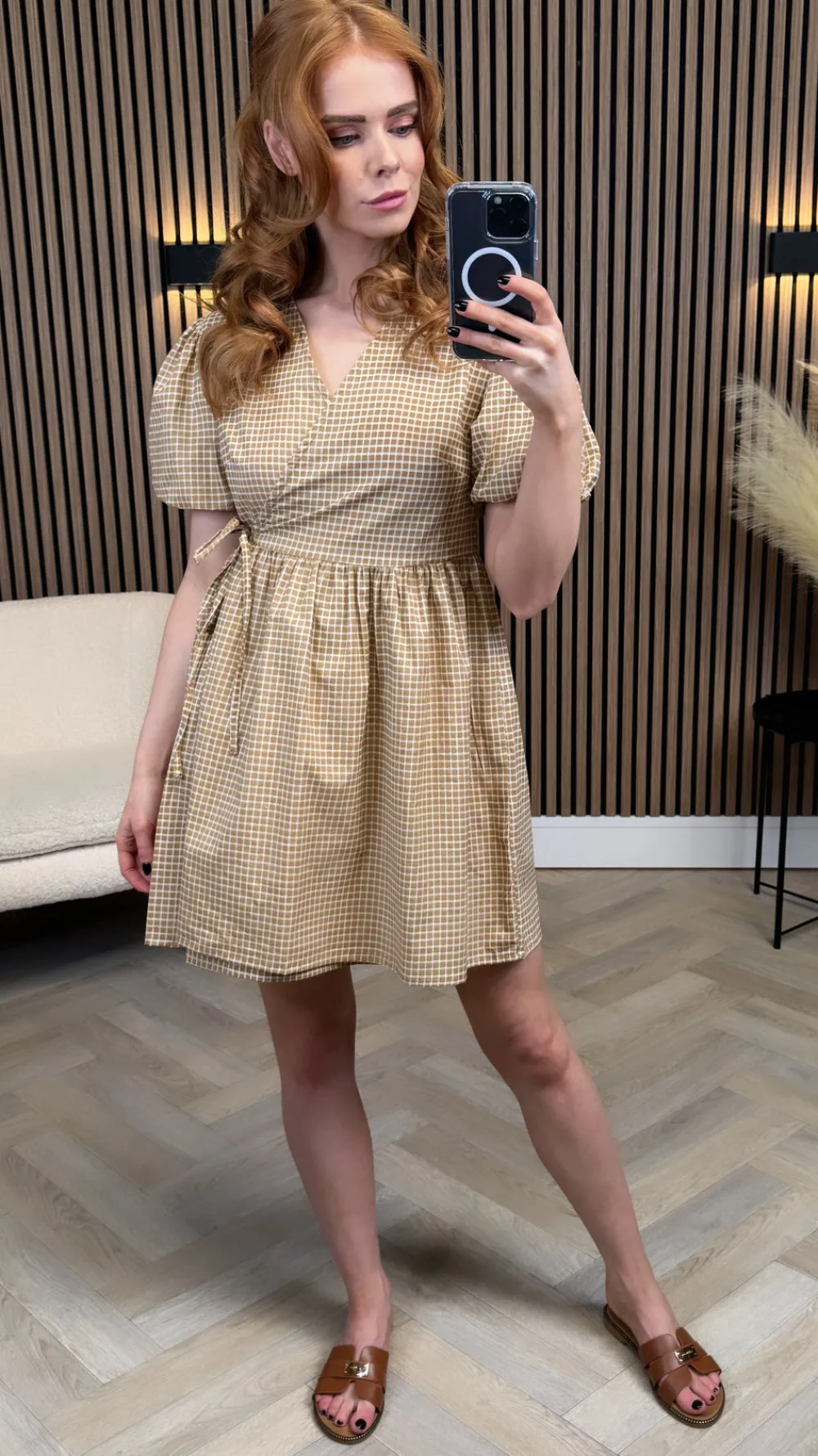 martha_taupe_checked_wrap_5.webp INFLUENCE Going Out Dresses | Occasion Dresses^Martha Taupe Checked Wrap Puff Sleeve Tie Detail Mini Dress