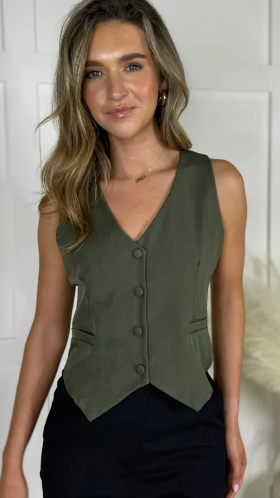 SEVEN SEPT Tops^Maude Khaki Button Down Waistcoat