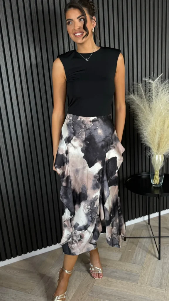 AX PARIS Occasion Dresses | Midi Dresses^Mavery Multi Marble Print 2-in-1 Double Frill Split Midi Dress