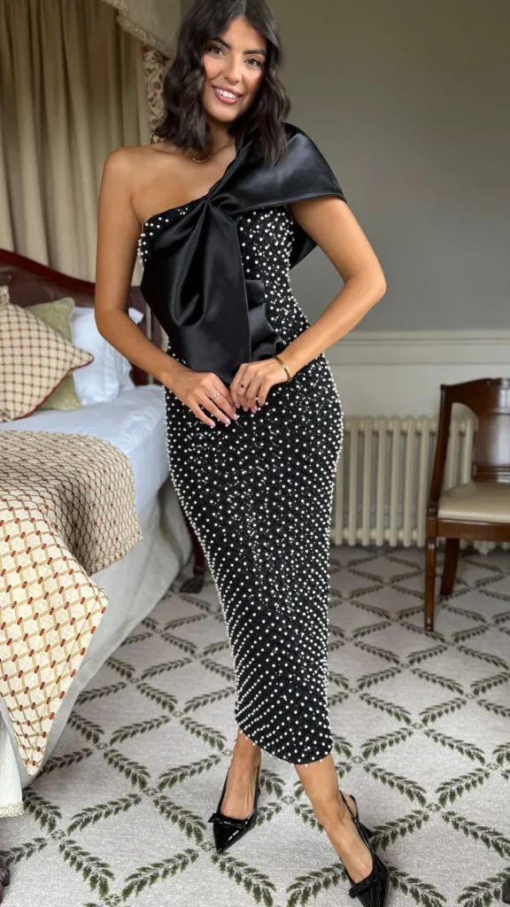 FP & CO Going Out Dresses | Occasion Dresses^Maybelle Black Large Bow Detail One Shoulder Embellished Midi Dress