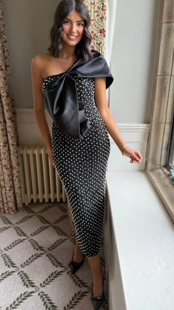 FP & CO Going Out Dresses | Occasion Dresses^Maybelle Black Large Bow Detail One Shoulder Embellished Midi Dress