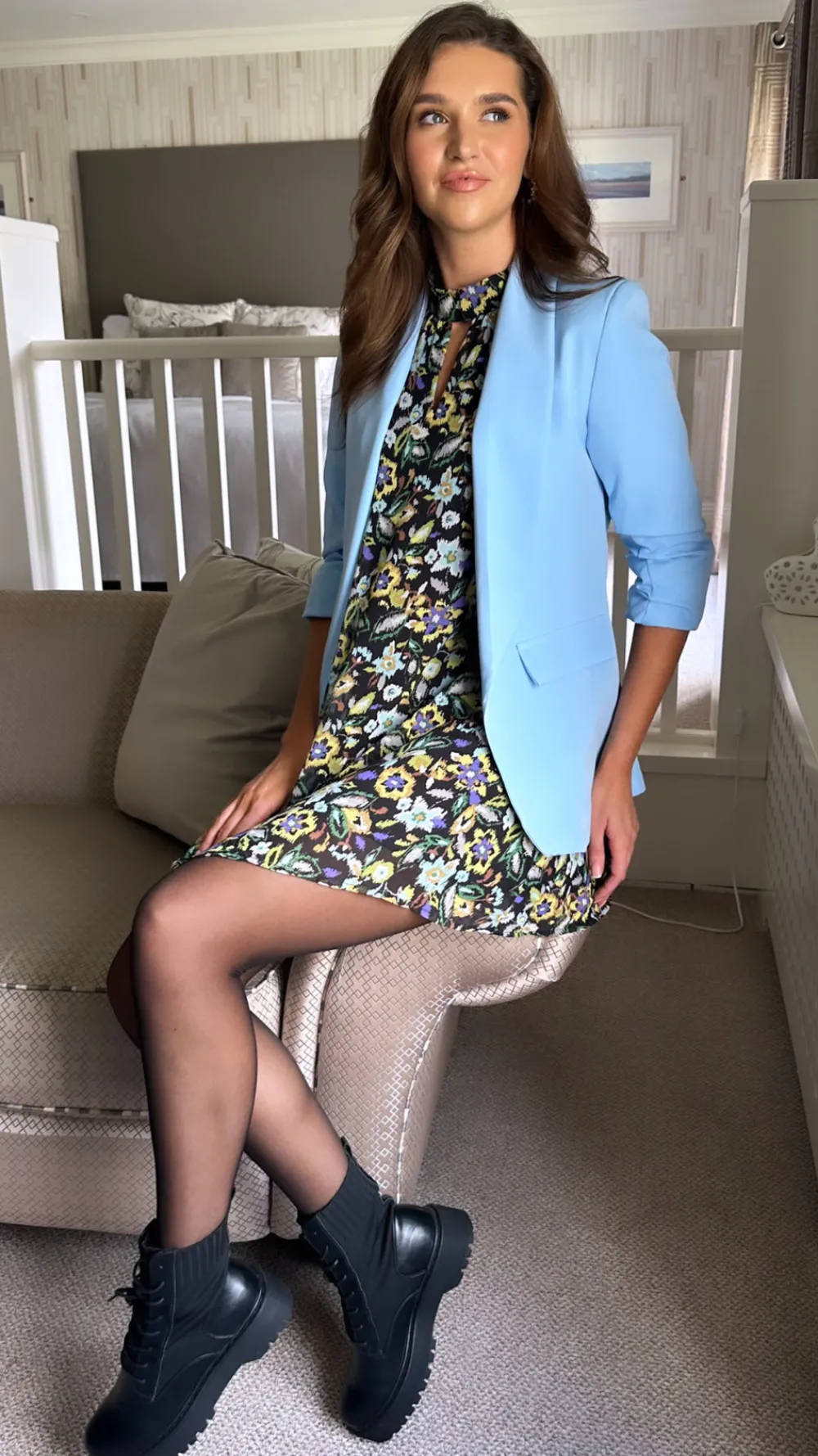 mckinley_light_blue_ruche_1.webp MISS LINDA Blazers^McKinley Light Blue Ruched Sleeve Blazer