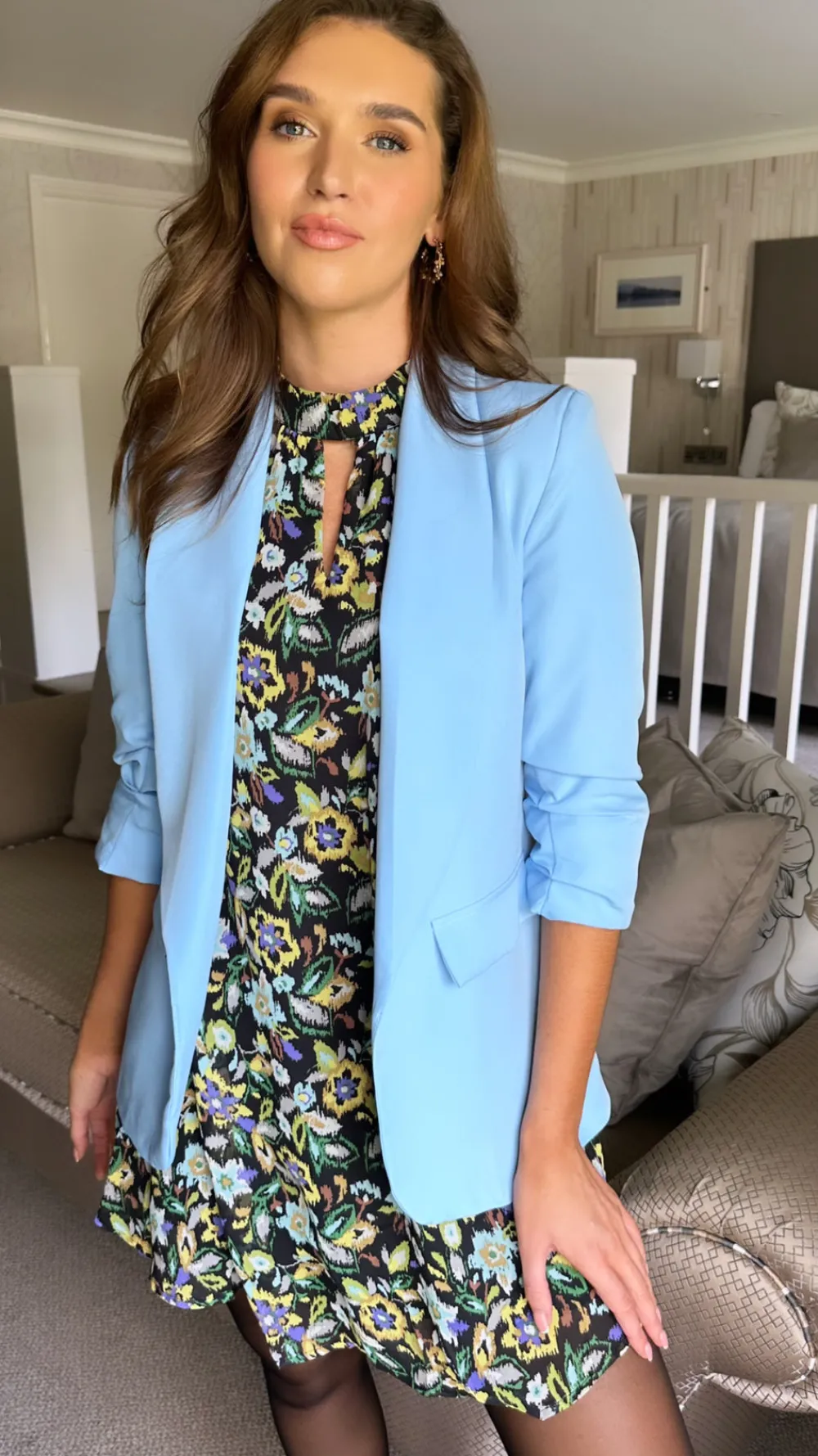 mckinley_light_blue_ruche_2.webp MISS LINDA Blazers^McKinley Light Blue Ruched Sleeve Blazer