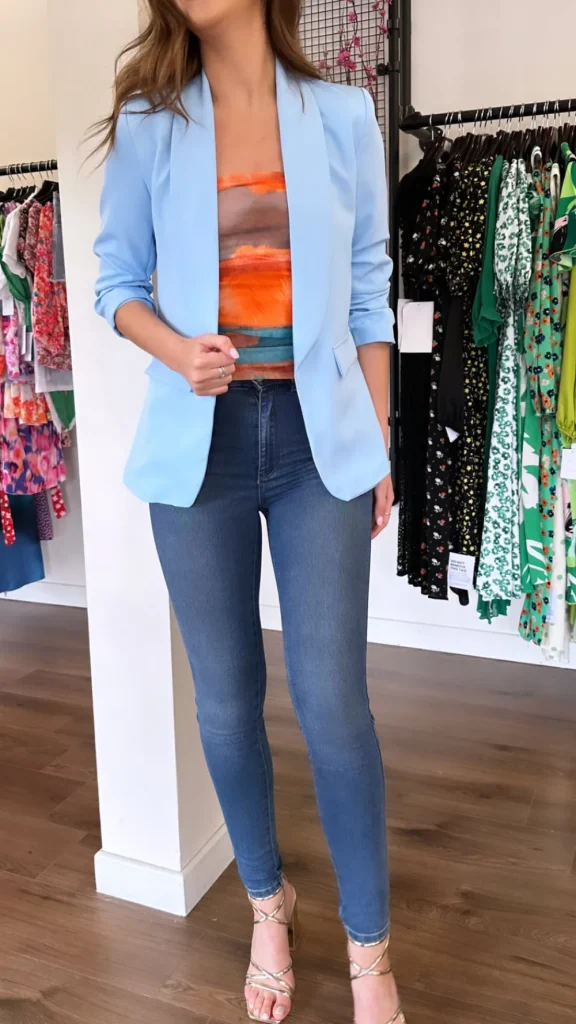MISS LINDA Blazers^McKinley Light Blue Ruched Sleeve Blazer
