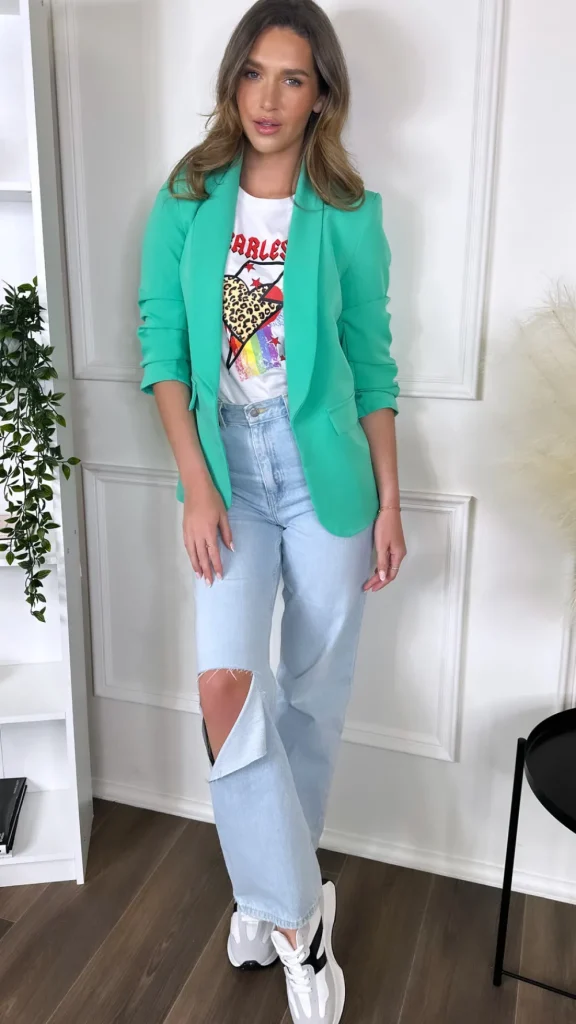 MISS LINDA Blazers^McKinley Light Green Ruched Sleeve Blazer