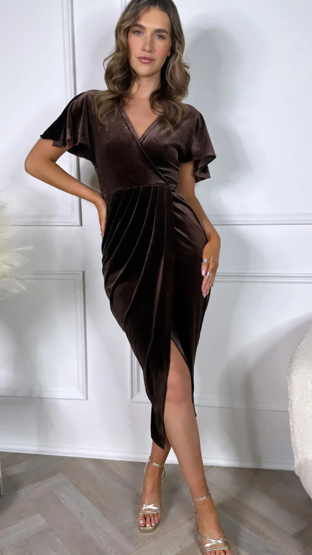 meggie_brown_velvet_wrap__1.webp WHTWOS Going Out Dresses | Occasion Dresses^Meggie Brown Velvet Wrap Over Maxi Dress