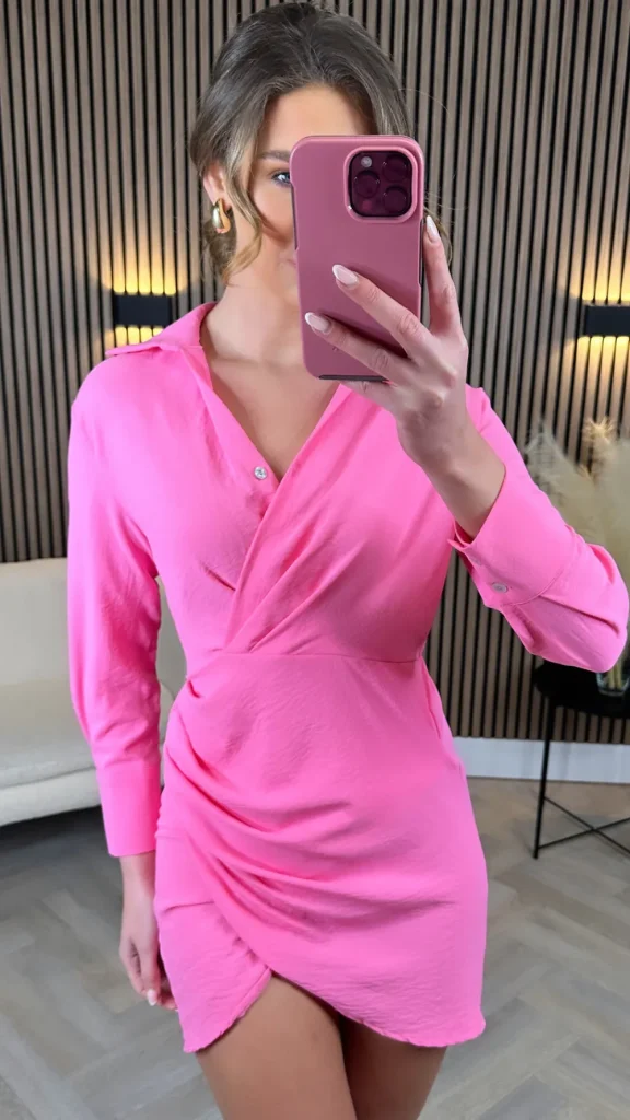 ESTEE BROWN Going Out Dresses | Occasion Dresses^Melinda Rose Pink Wrap Detail V Neckline Mini Dress