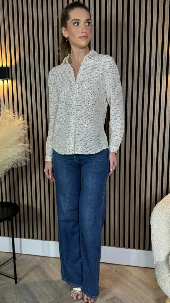 UNIKA Tops^Milani Beige Sequin Detail Shirt