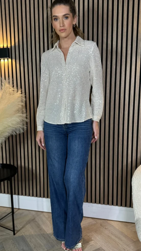 UNIKA Tops^Milani Beige Sequin Detail Shirt