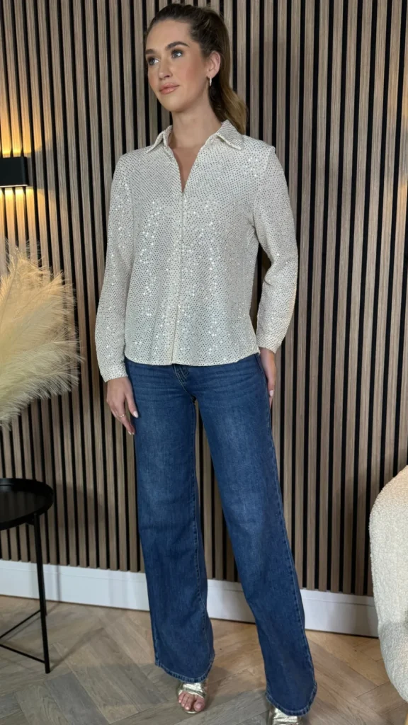 UNIKA Tops^Milani Beige Sequin Detail Shirt