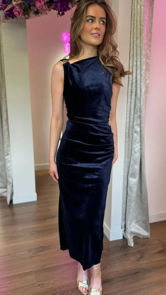 COPPEROSE Fitted Dresses | Going Out Dresses^Monroe Navy Velvet Finish Shoulder Detail Midi Dress