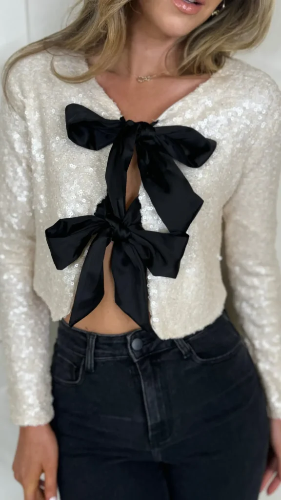 BELLAVIE Tops^Morgan Cream Sequin With Black Bows Detail Top