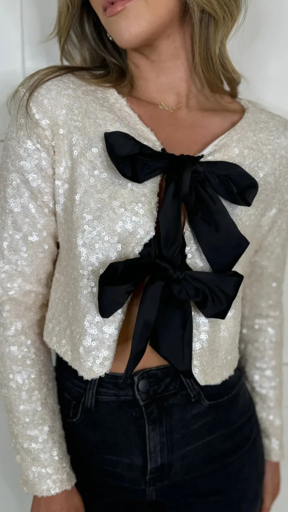 BELLAVIE Tops^Morgan Cream Sequin With Black Bows Detail Top