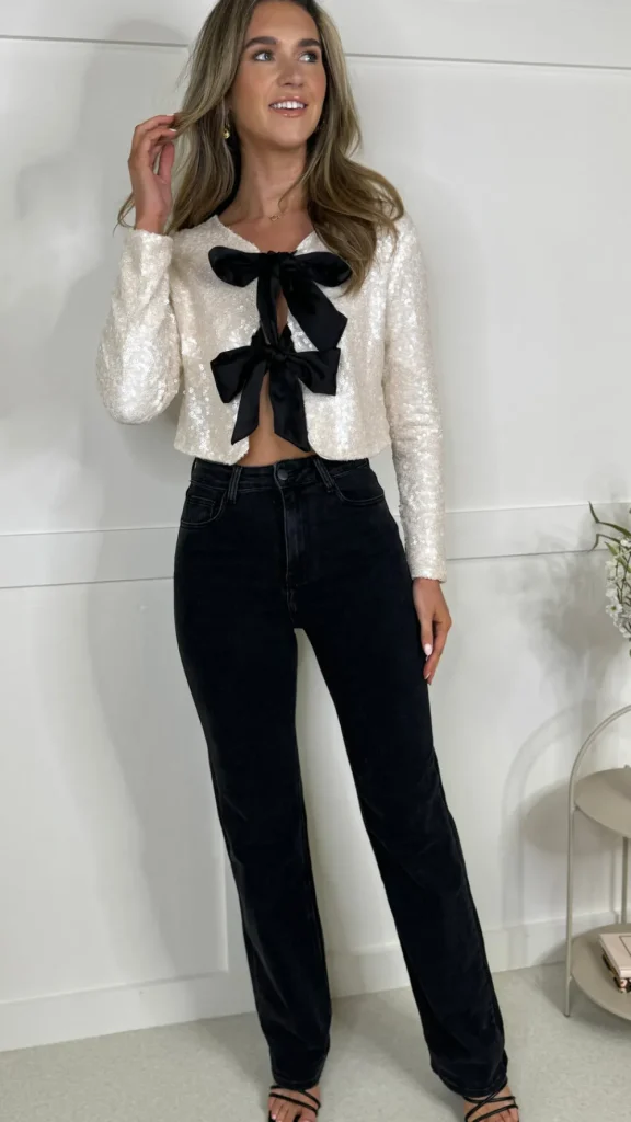 BELLAVIE Tops^Morgan Cream Sequin With Black Bows Detail Top