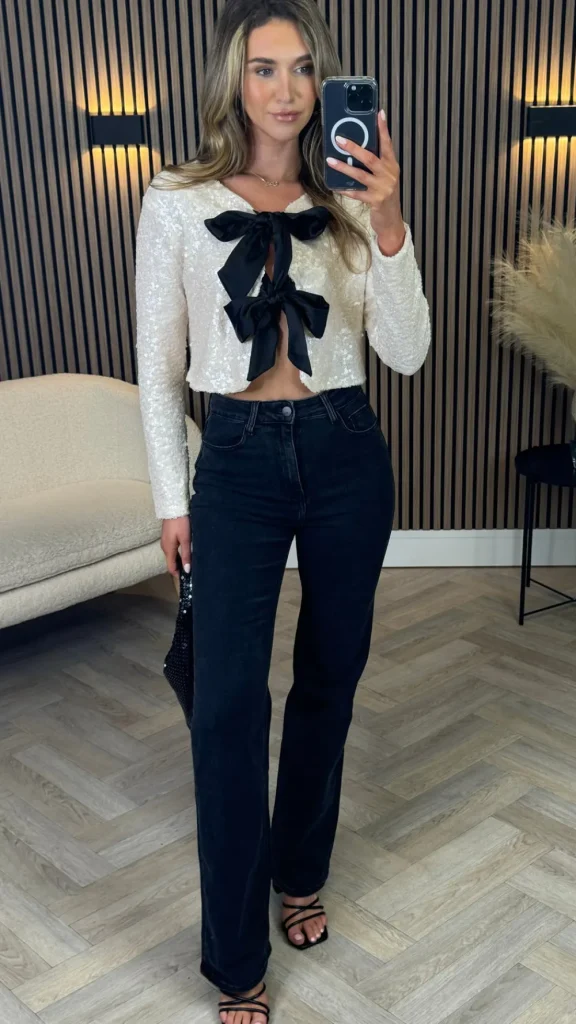BELLAVIE Tops^Morgan Cream Sequin With Black Bows Detail Top