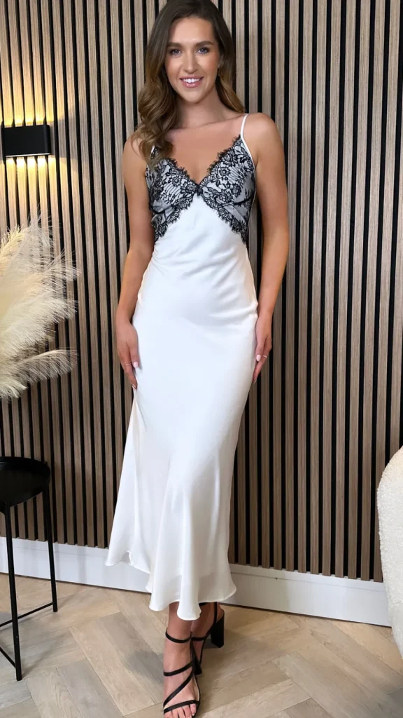 GIRL IN MIND Fitted Dresses | Going Out Dresses^Muireann White With Black Lace Slip Midi Dress