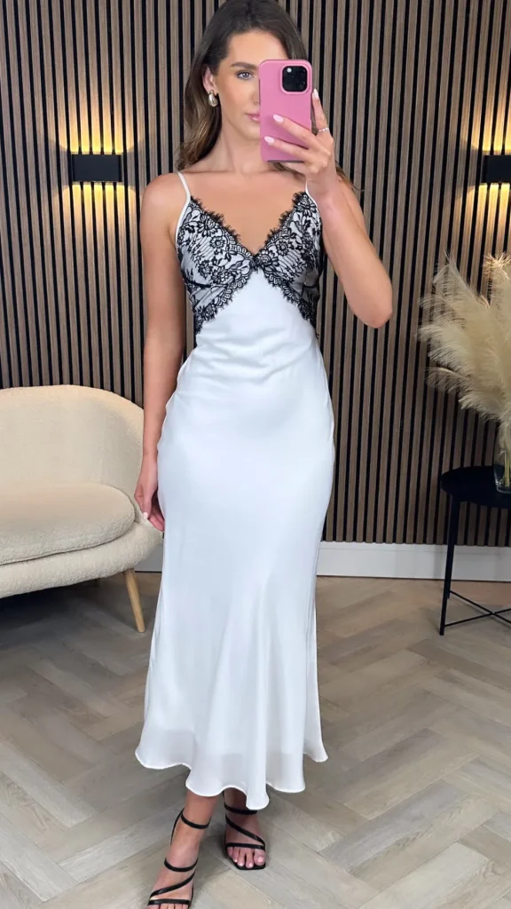 GIRL IN MIND Fitted Dresses | Going Out Dresses^Muireann White With Black Lace Slip Midi Dress