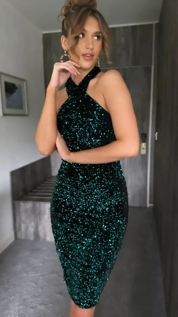 GIRL IN MIND Going Out Dresses | Occasion Dresses^Munroe Green Halterneck Velvet Sequin Midi Dress