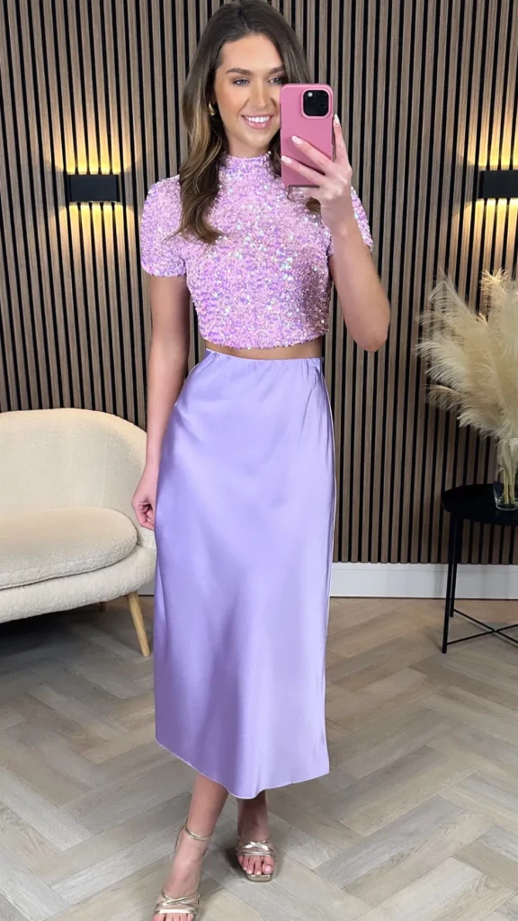 VERA LUCY Tops^Nancy Pink Sequin High Neck Crop Top