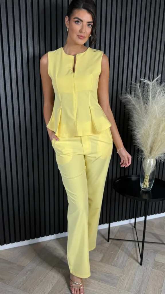 COPPEROSE Co-ords^Nanette Yellow Zip Detail Sleeveless Top & Straight Leg Trousers Co Ord