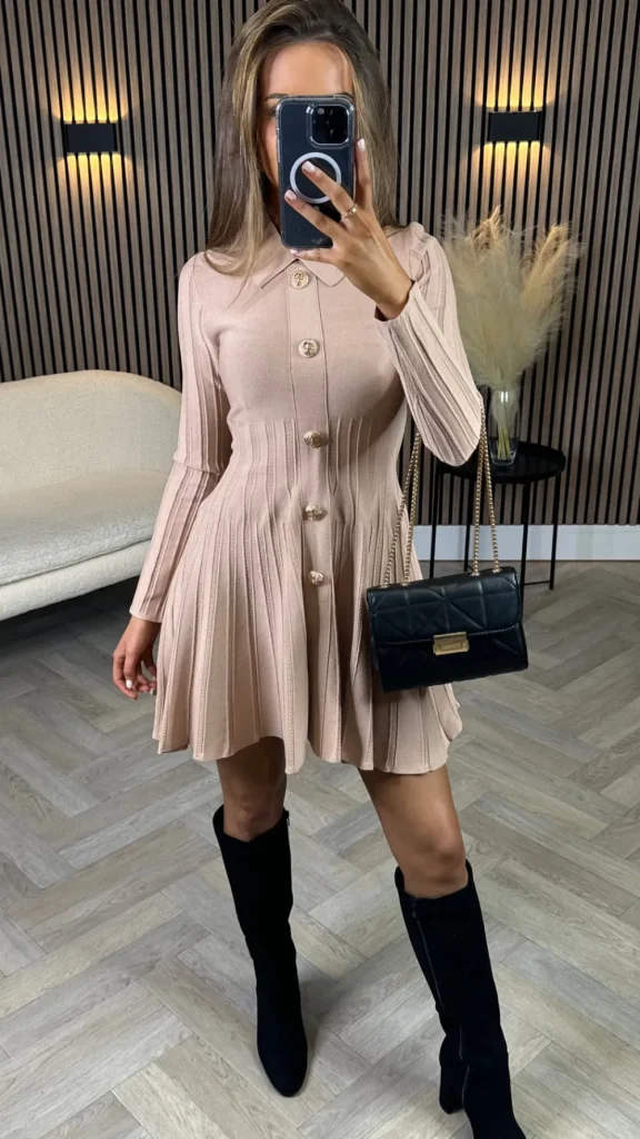 ALLYSON Fitted Dresses | Day Dresses^Nessa Beige Button Down Collared Knit Mini Dress