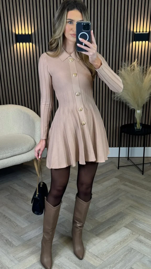 ALLYSON Fitted Dresses | Day Dresses^Nessa Beige Button Down Collared Knit Mini Dress