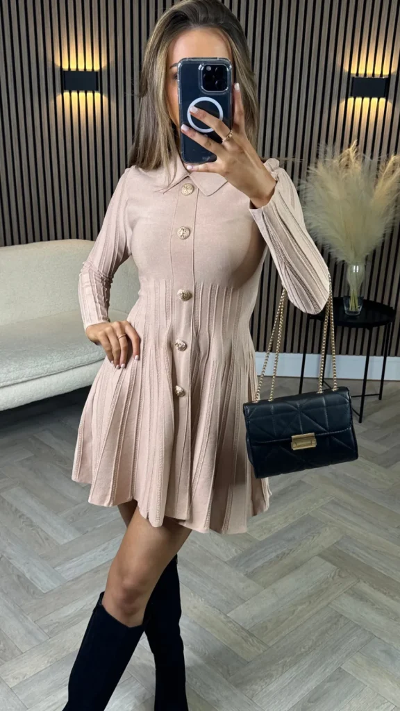 ALLYSON Fitted Dresses | Day Dresses^Nessa Beige Button Down Collared Knit Mini Dress