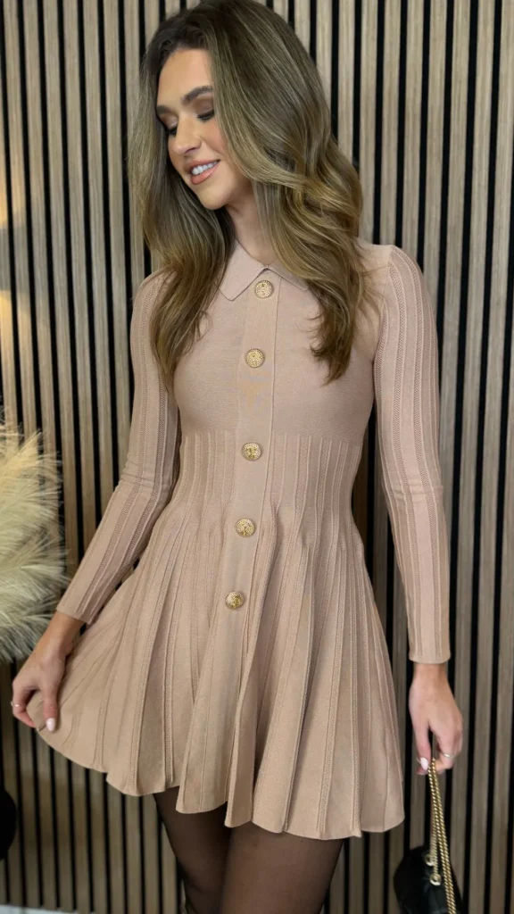 ALLYSON Fitted Dresses | Day Dresses^Nessa Beige Button Down Collared Knit Mini Dress