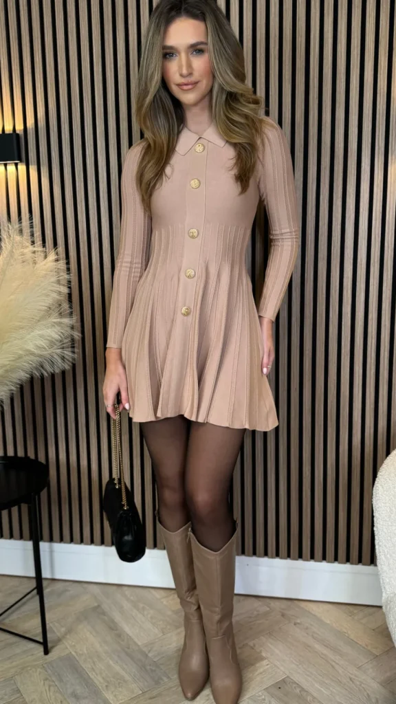 ALLYSON Fitted Dresses | Day Dresses^Nessa Beige Button Down Collared Knit Mini Dress