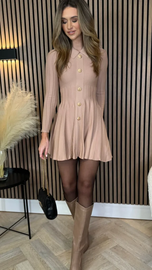 ALLYSON Fitted Dresses | Day Dresses^Nessa Beige Button Down Collared Knit Mini Dress