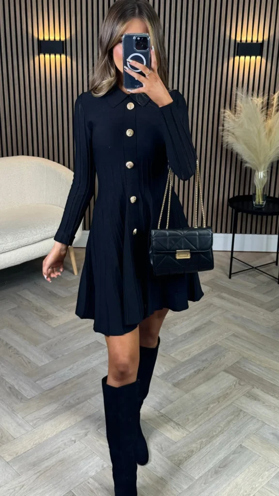 ALLYSON Fitted Dresses | Day Dresses^Nessa Black Button Down Collared Knit Mini Dress