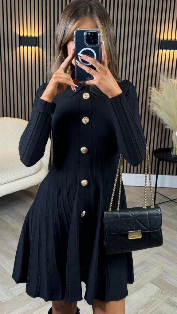 ALLYSON Fitted Dresses | Day Dresses^Nessa Black Button Down Collared Knit Mini Dress