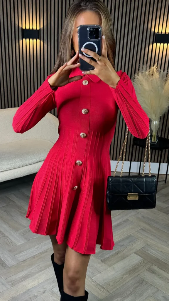 ALLYSON Fitted Dresses | Going Out Dresses^Nessa Red Button Down Collared Knit Mini Dress