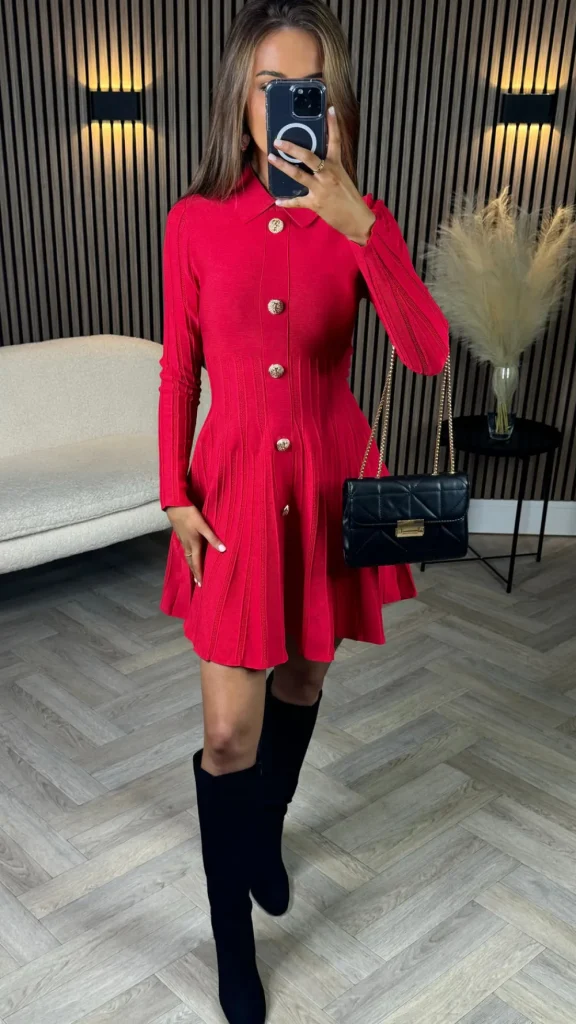 ALLYSON Fitted Dresses | Going Out Dresses^Nessa Red Button Down Collared Knit Mini Dress
